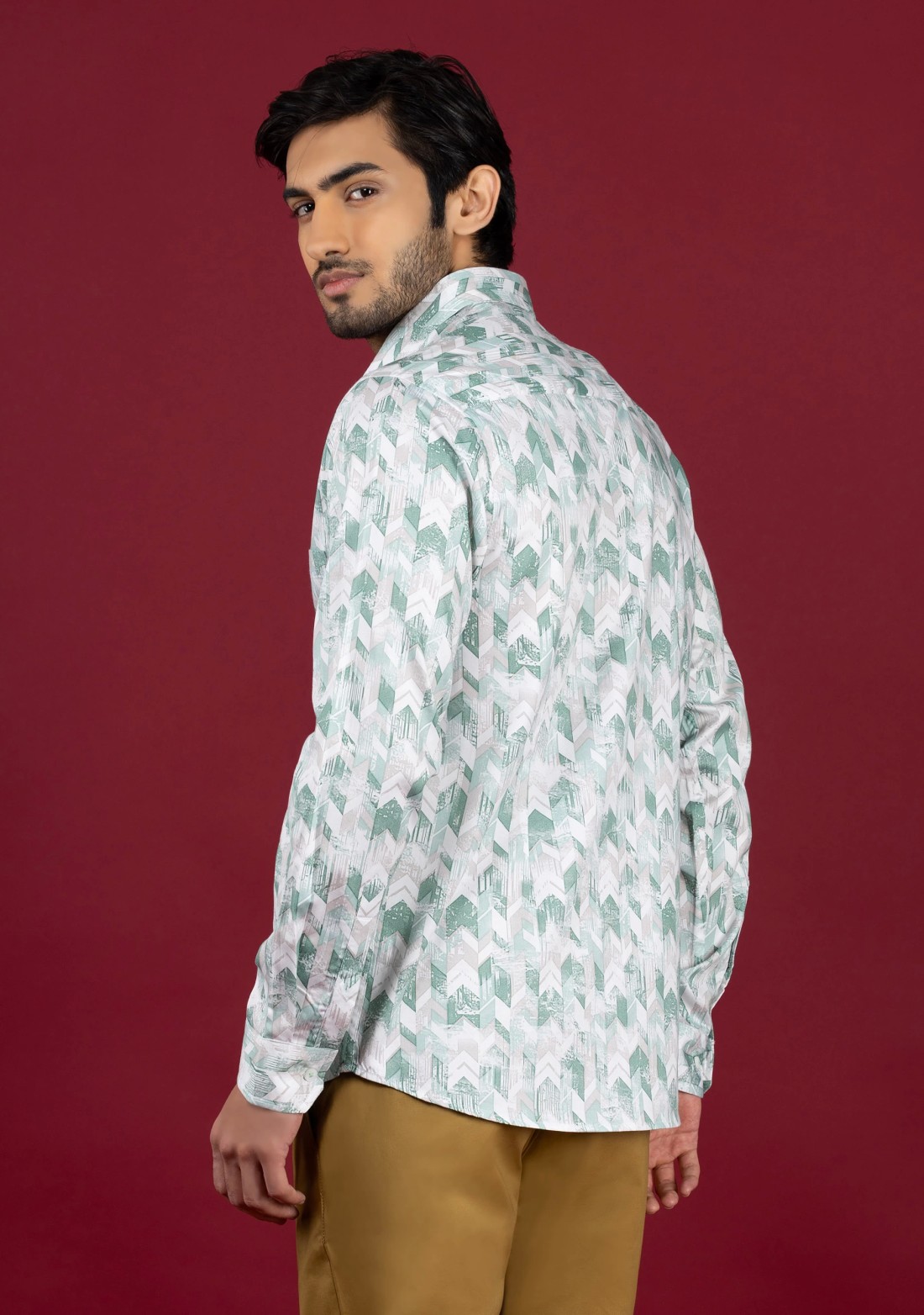 Light Green Men's Slim Fit Cotton Printed Shirt