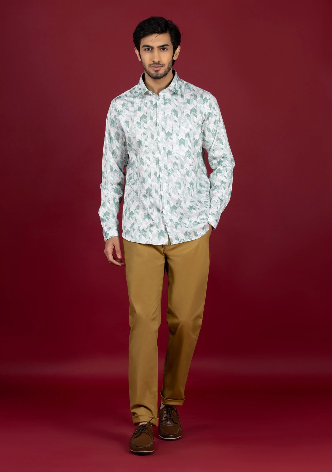 Light Green Men's Slim Fit Cotton Printed Shirt