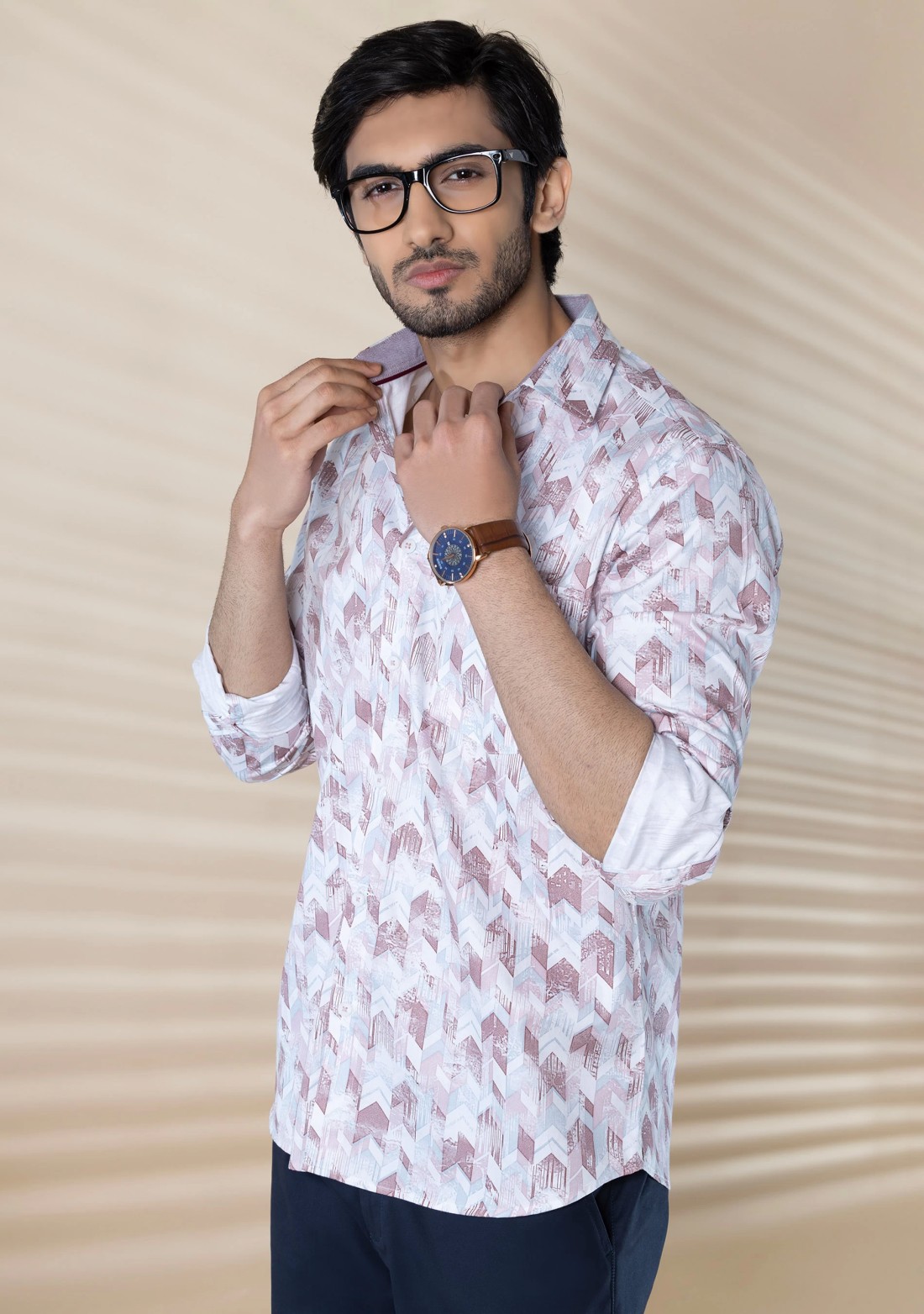 Light Brown Men's Slim Fit Cotton Printed Shirt