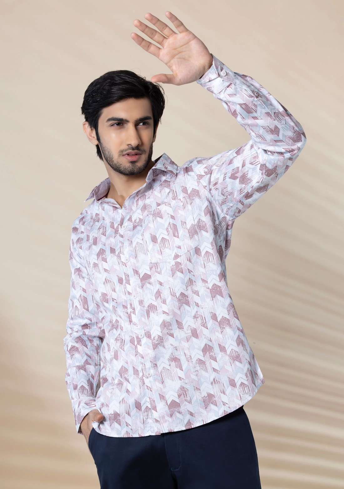 Light Brown Men's Slim Fit Cotton Printed Shirt