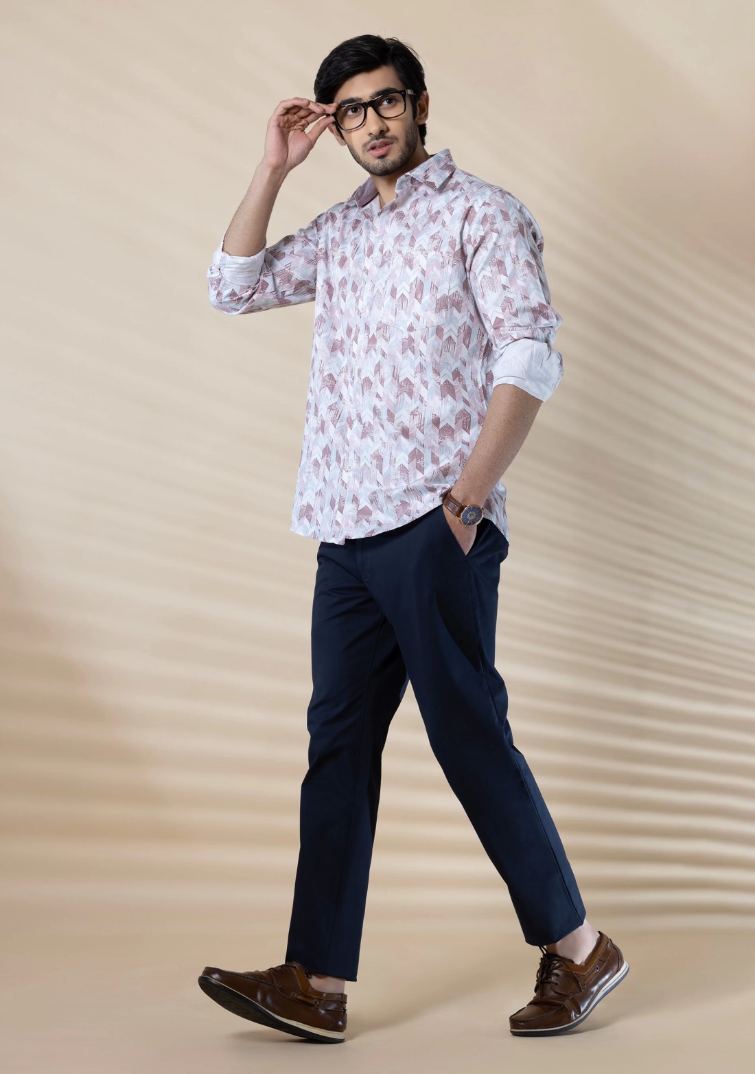 Light Brown Men's Slim Fit Cotton Printed Shirt