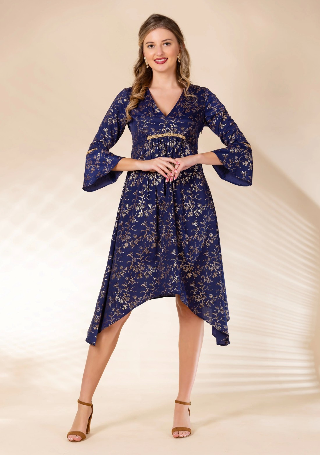 Royal Blue All Over Foil Printed Asymmetrical Crepe Satin Dress