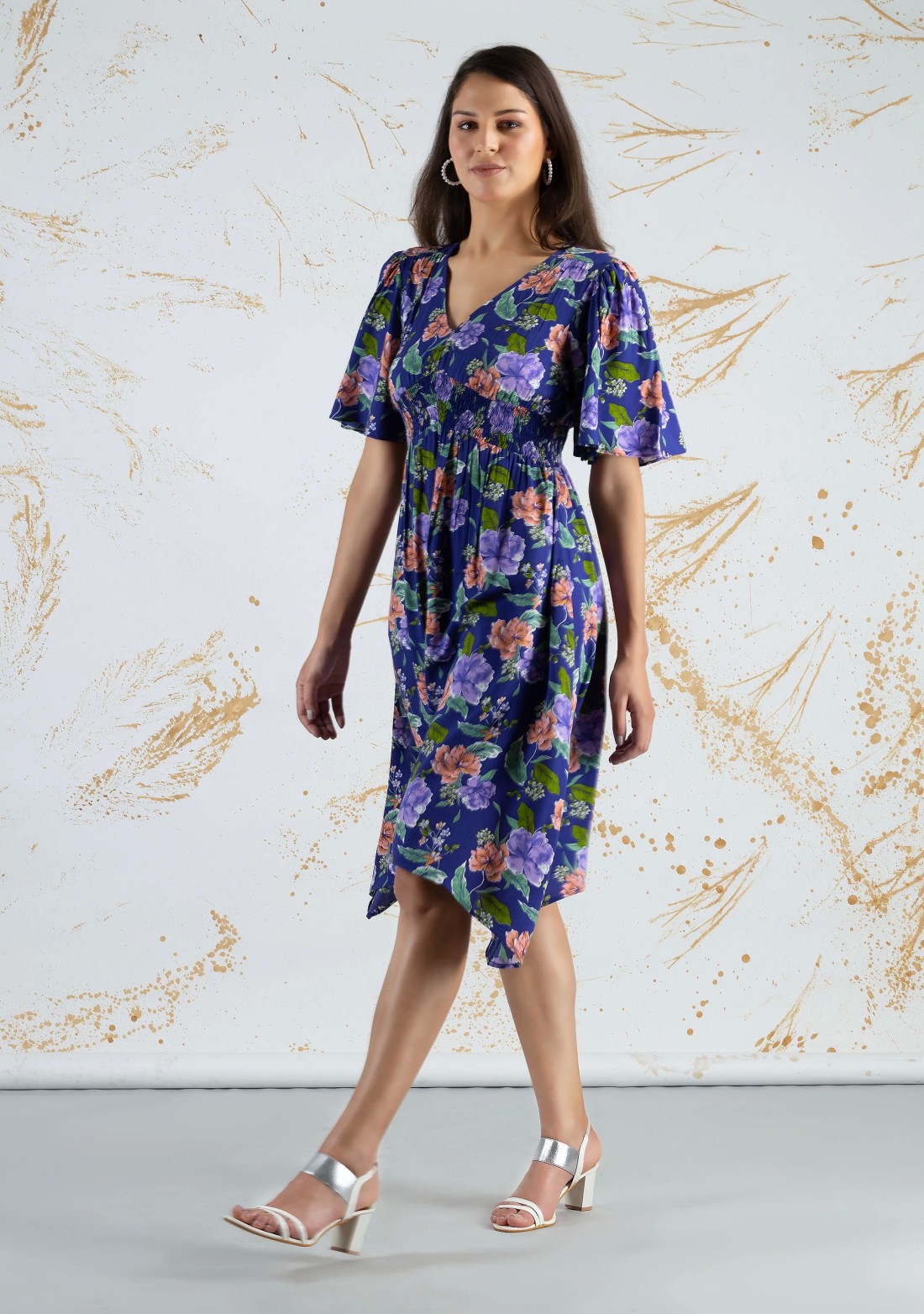 Lavender Colour Big Floral Print Rayon Asymmetrical Midi Dress