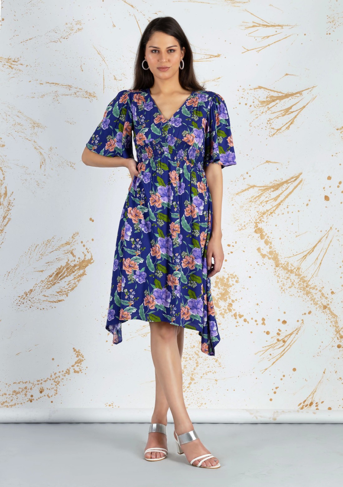 Lavender Colour Big Floral Print Rayon Asymmetrical Midi Dress