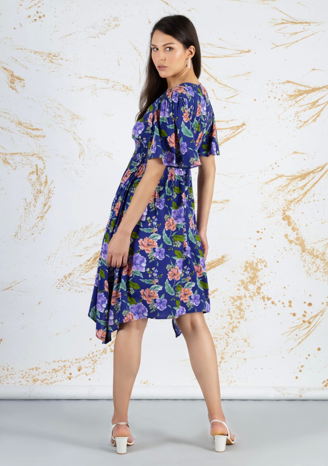 Lavender Colour Big Floral Print Rayon Asymmetrical Midi Dress