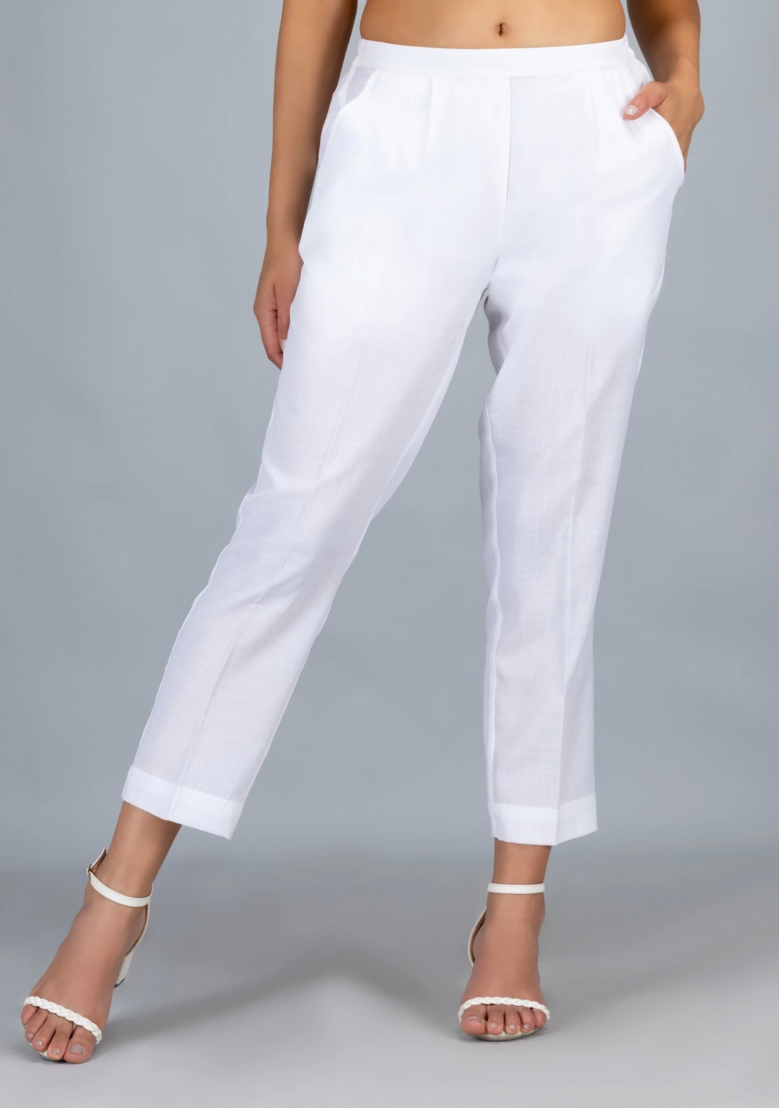 White Slub Casual Narrow Pants