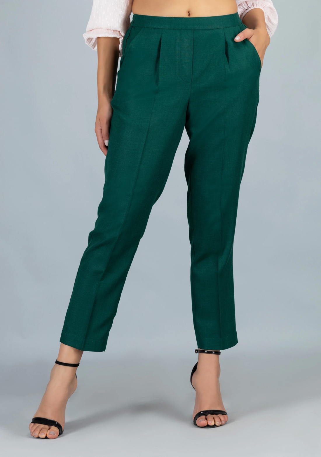 Green Slub Casual Narrow Pants