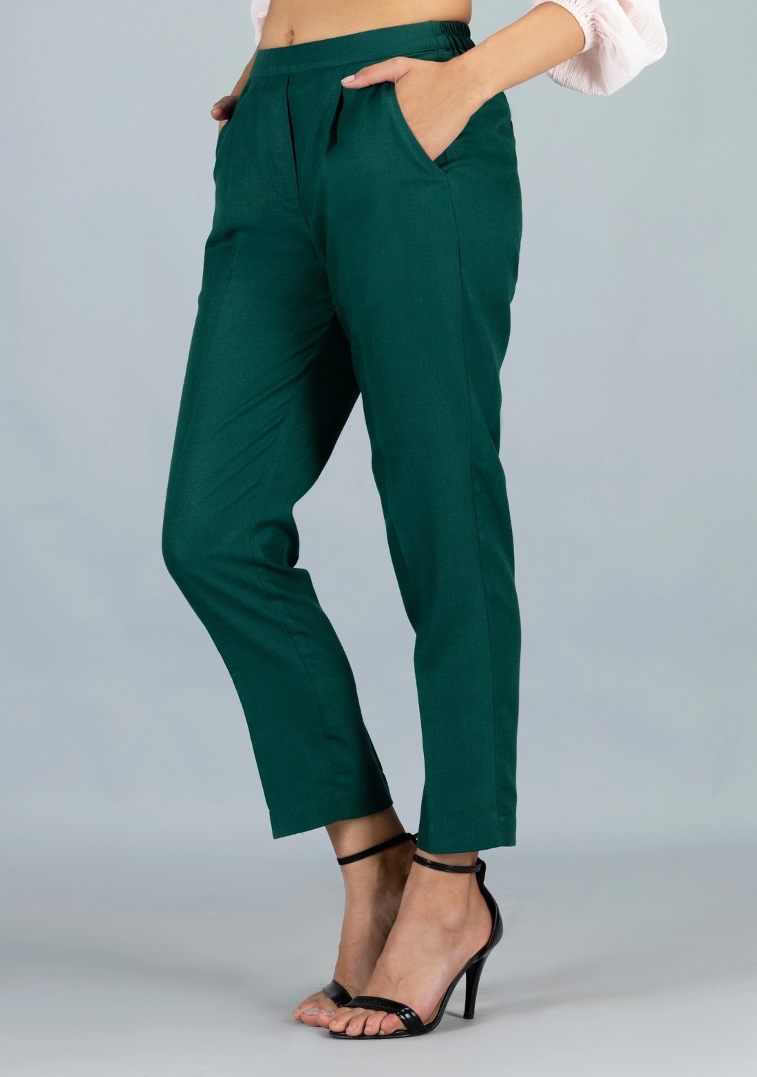 Green Slub Casual Narrow Pants