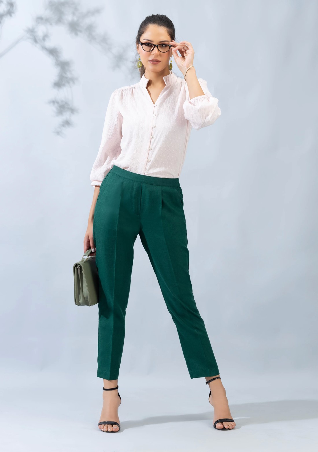 Green Slub Casual Narrow Pants