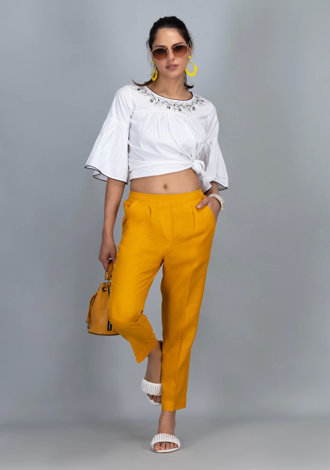 Mustard Slub Casual Narrow Pants