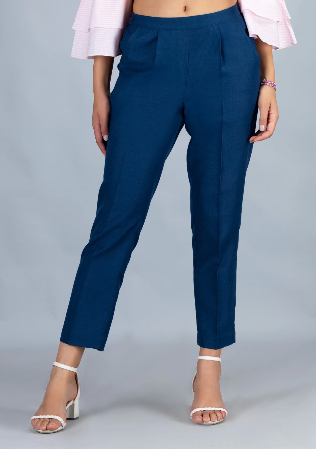 Blue Slub Casual Narrow Pants