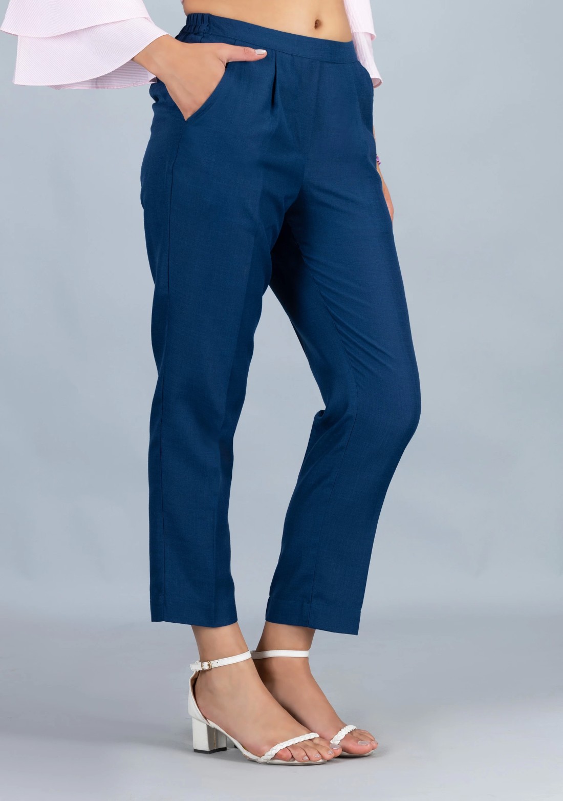 Blue Slub Casual Narrow Pants