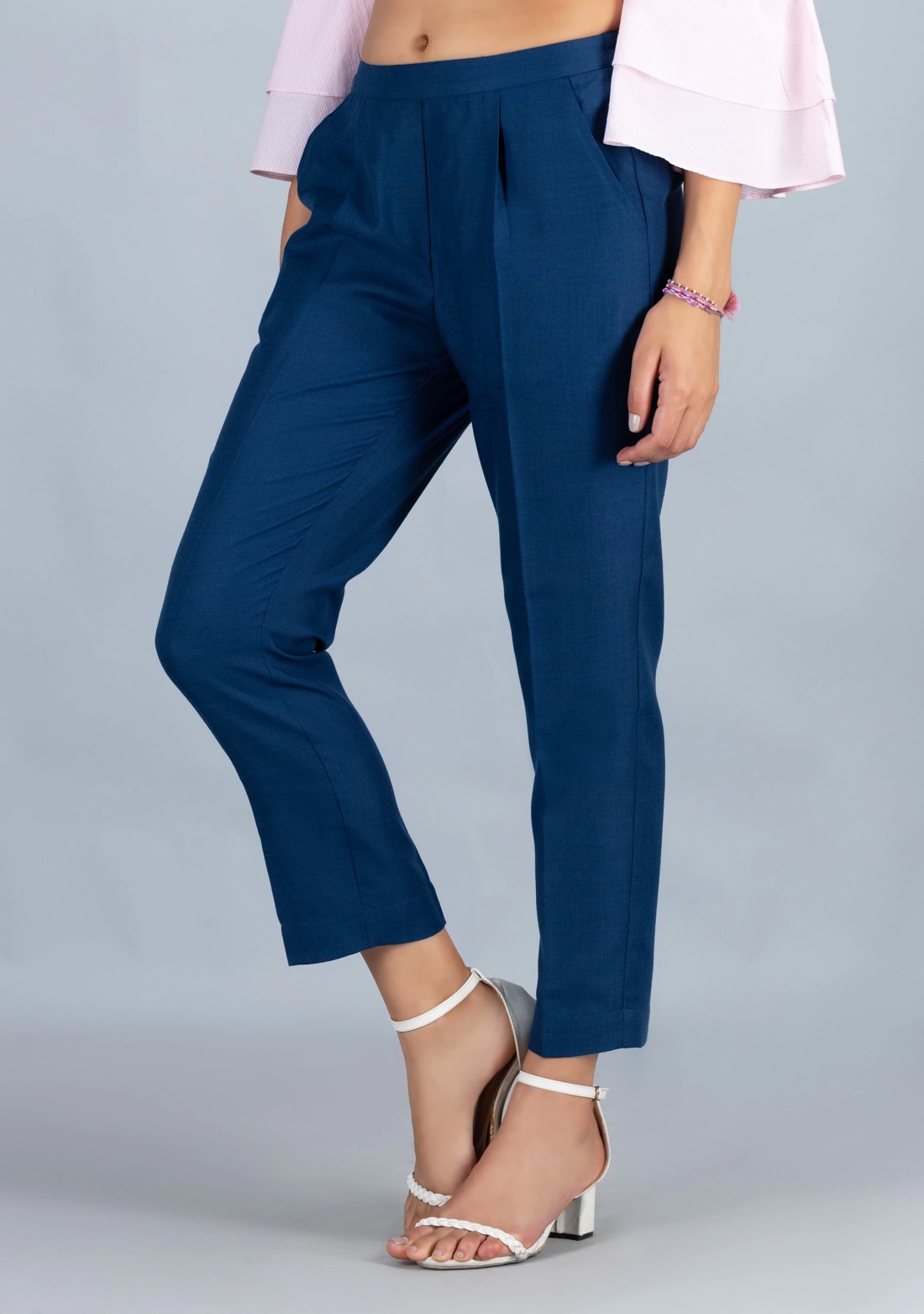 Blue Slub Casual Narrow Pants