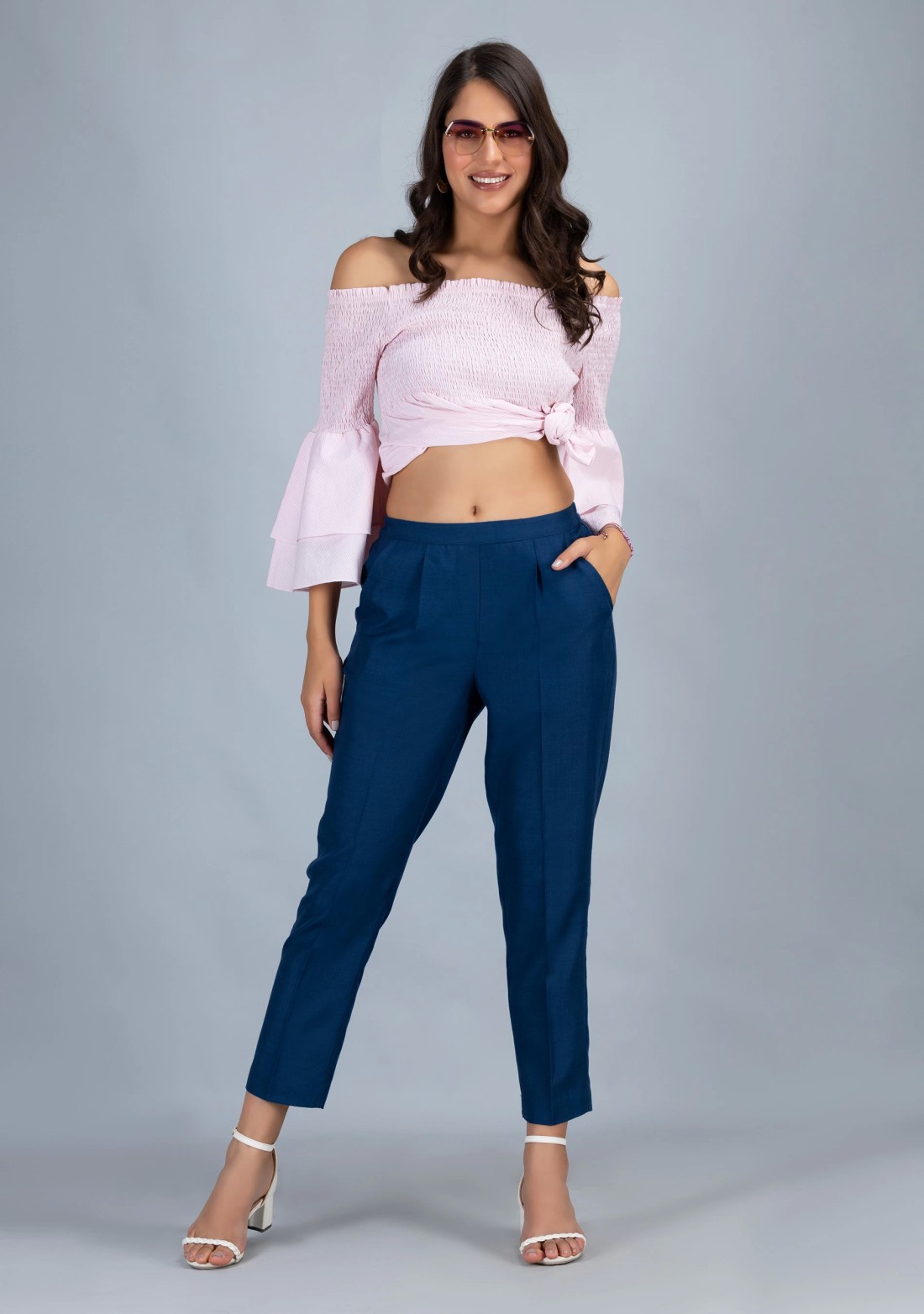 Blue Slub Casual Narrow Pants