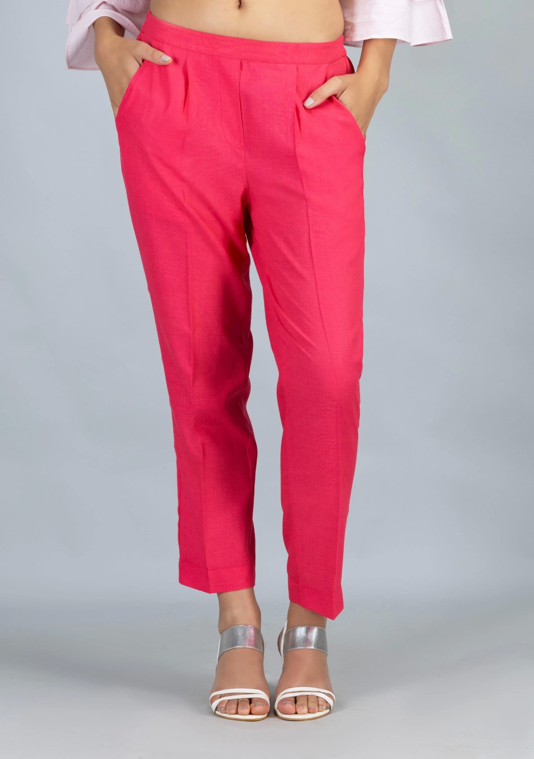 Pink Slub Casual Narrow Pants