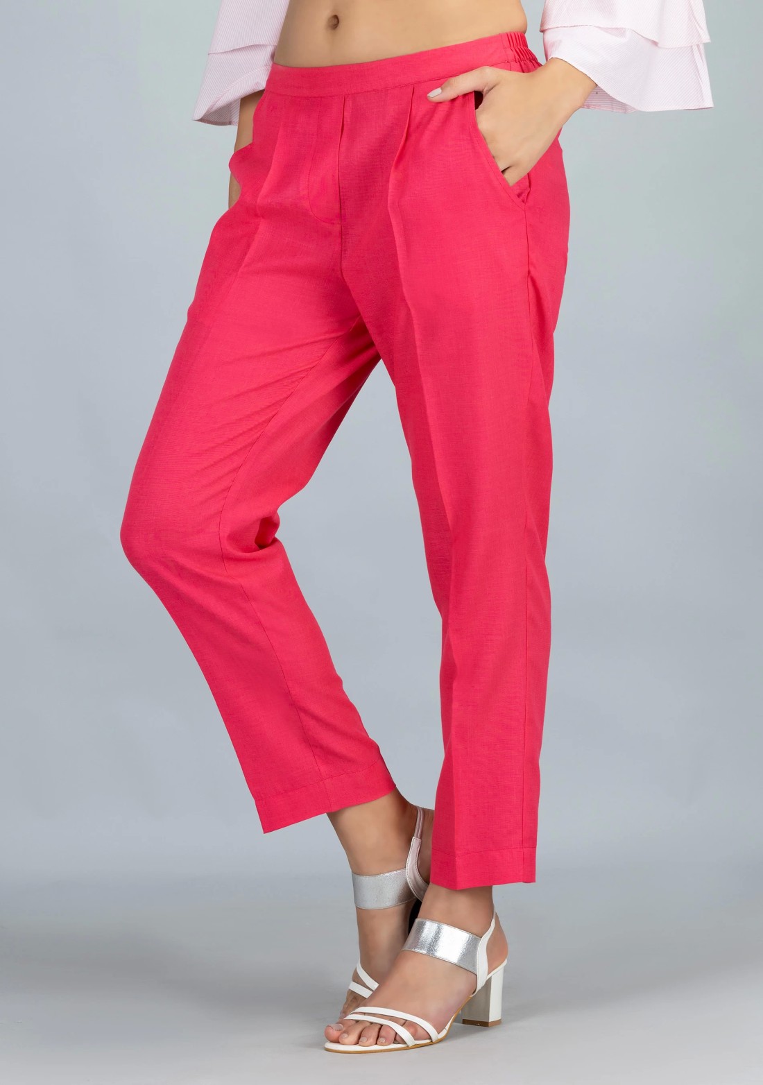 Pink Slub Casual Narrow Pants