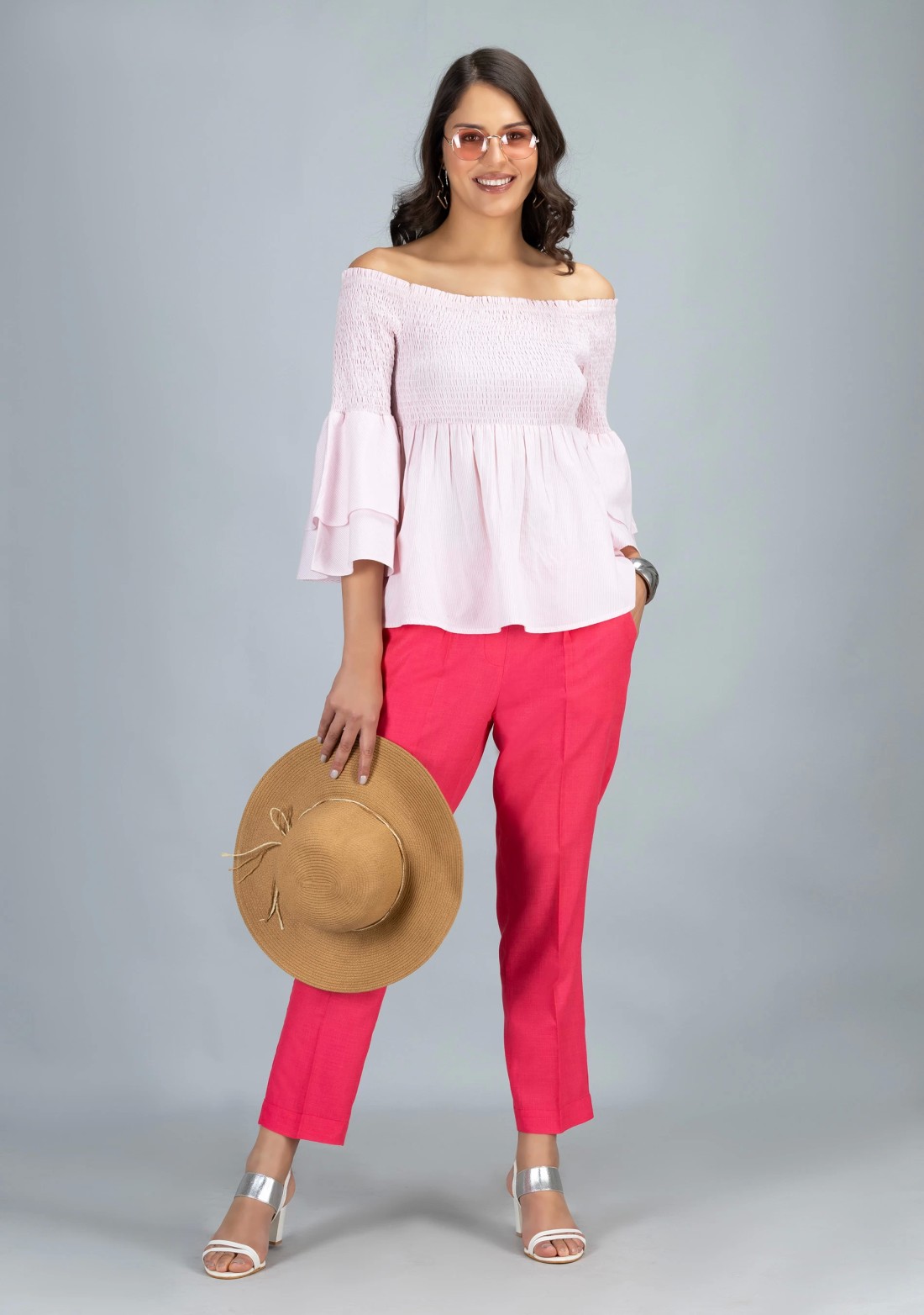 Pink Slub Casual Narrow Pants