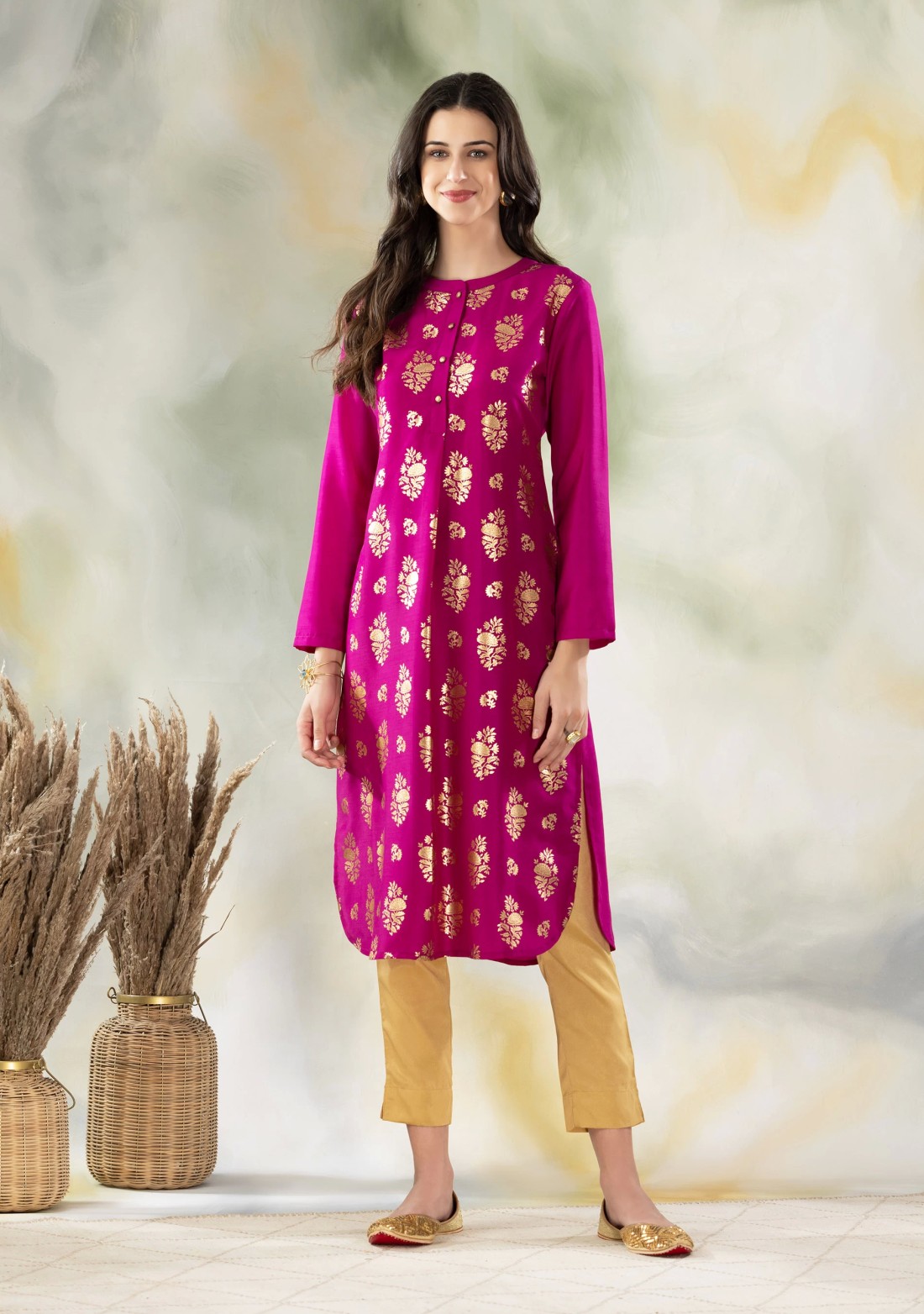 Purple Gold Foil Print Muslin A-Line Kurti