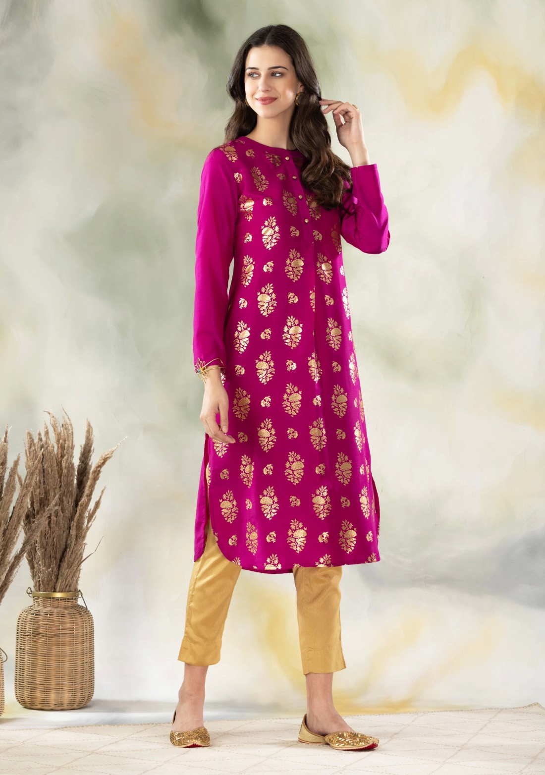 Purple Gold Foil Print Muslin A-Line Kurti