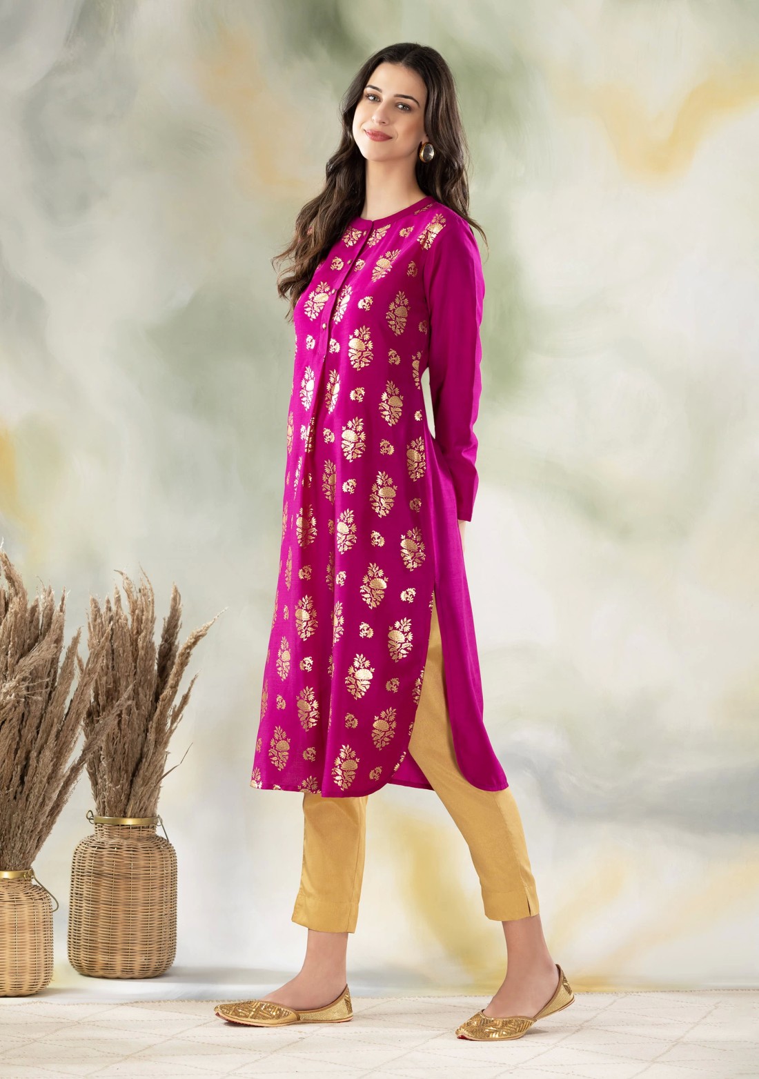 Purple Gold Foil Print Muslin A-Line Kurti