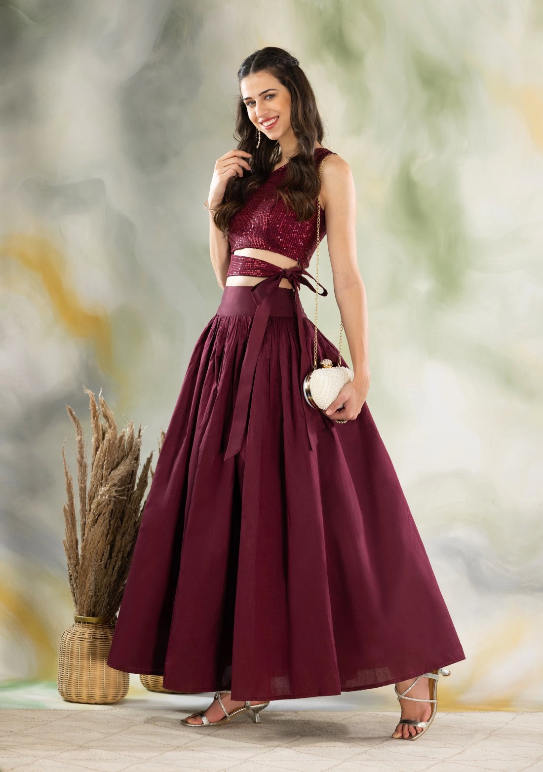 Wine Sequins Embroidered Crop Top & Silk Flared Skirt Set