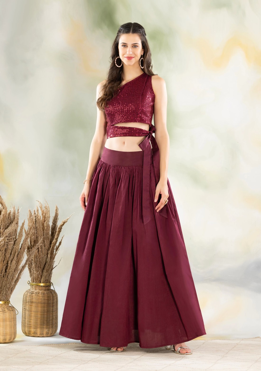 Wine Sequins Embroidered Crop Top & Silk Flared Skirt Set