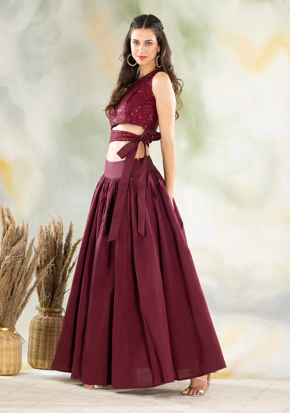 Wine Sequins Embroidered Crop Top & Silk Flared Skirt Set