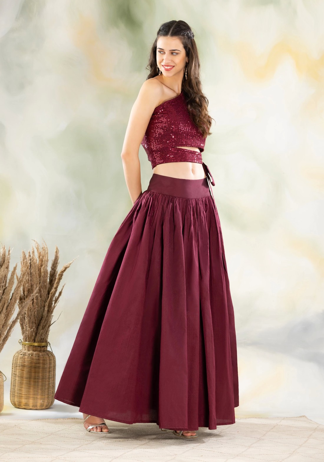 Wine Sequins Embroidered Crop Top & Silk Flared Skirt Set