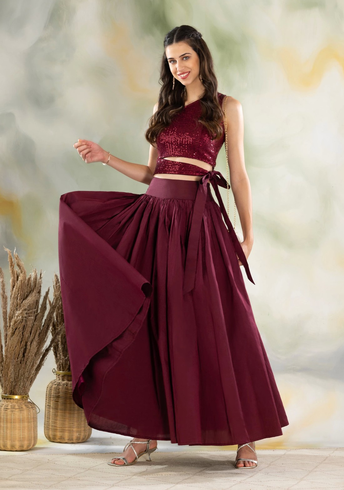 Wine Sequins Embroidered Crop Top & Silk Flared Skirt Set