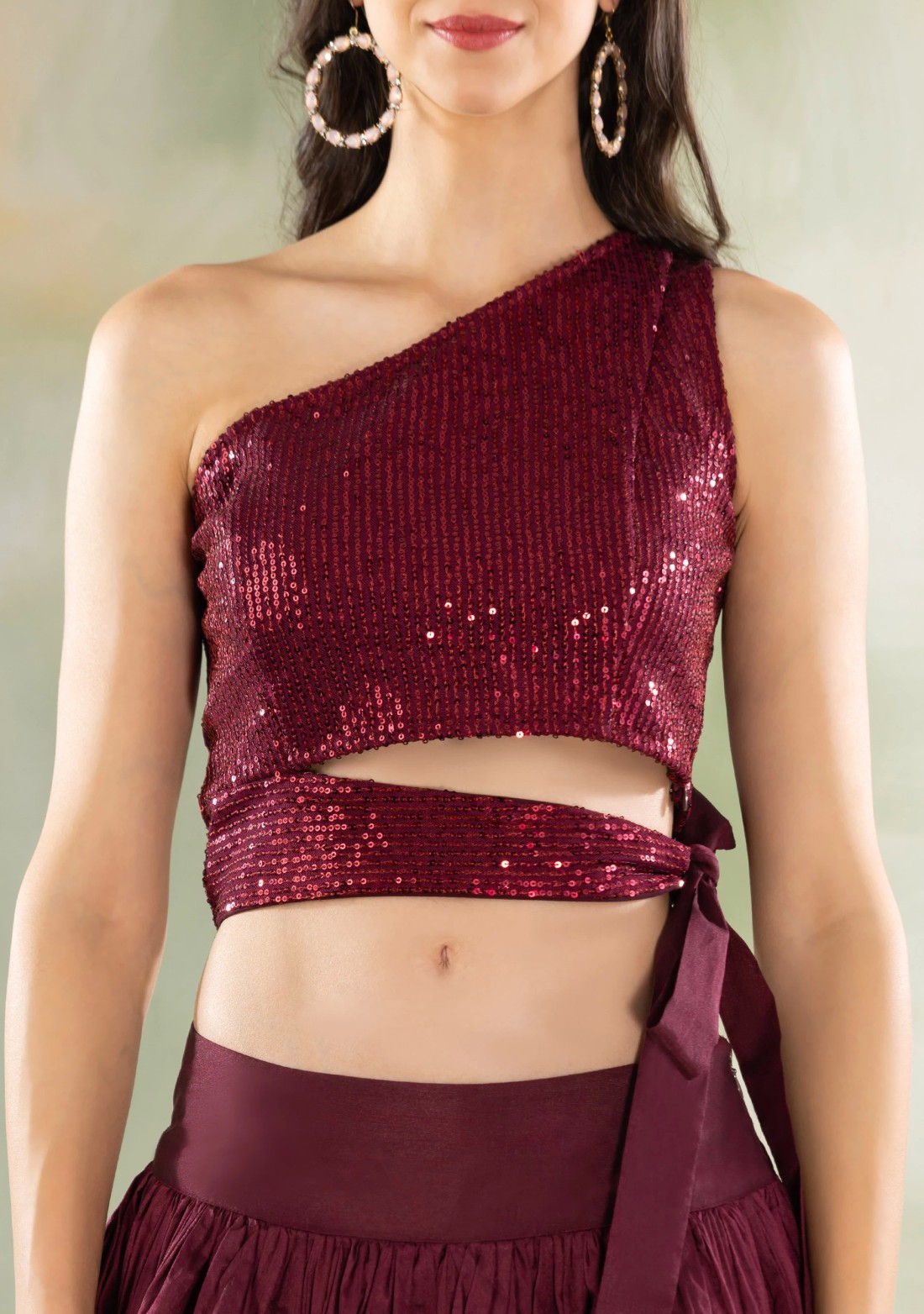 Wine Sequins Embroidered Crop Top & Silk Flared Skirt Set