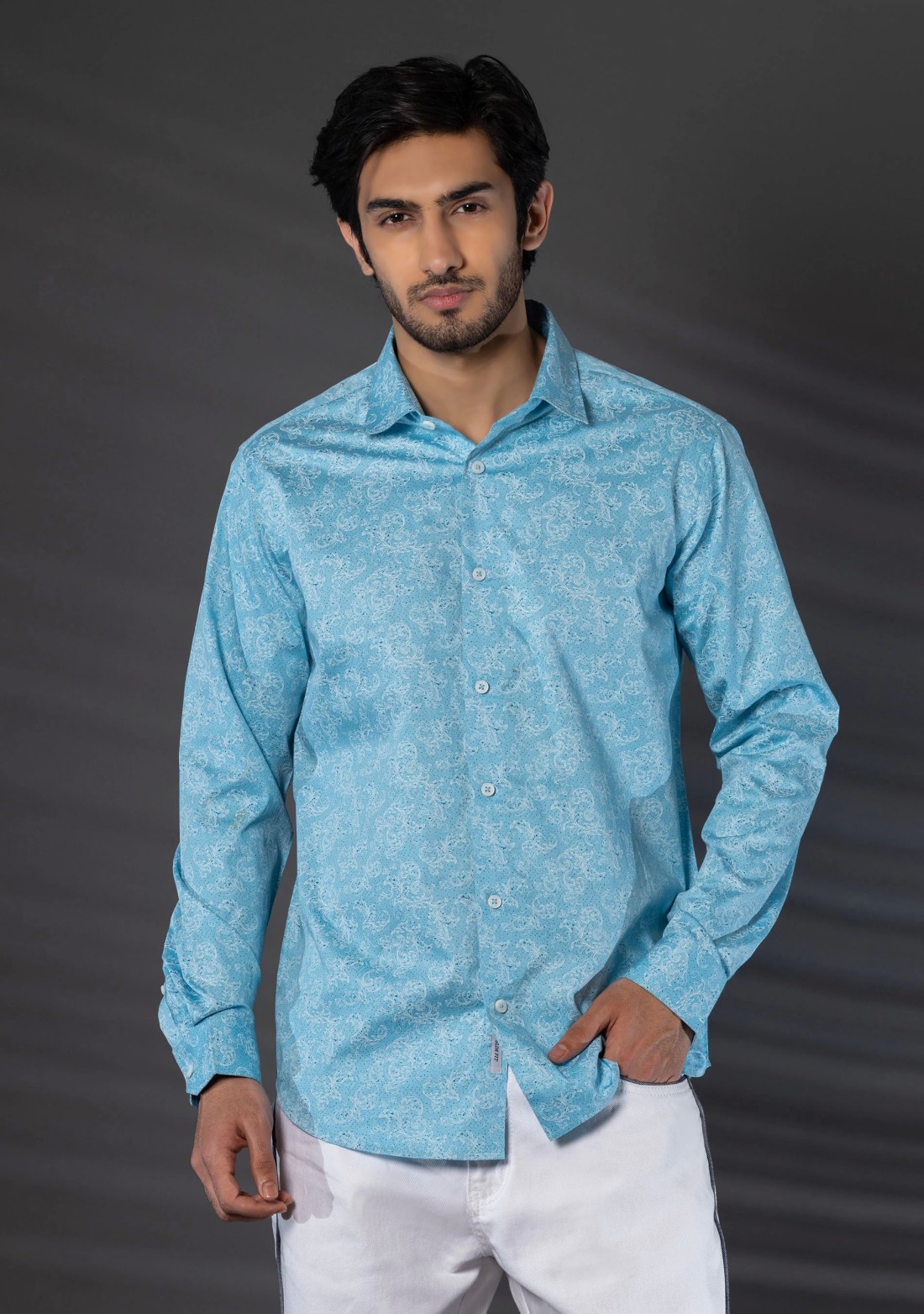 Turquoise Slim Fit Cotton Printed Men's Shirt