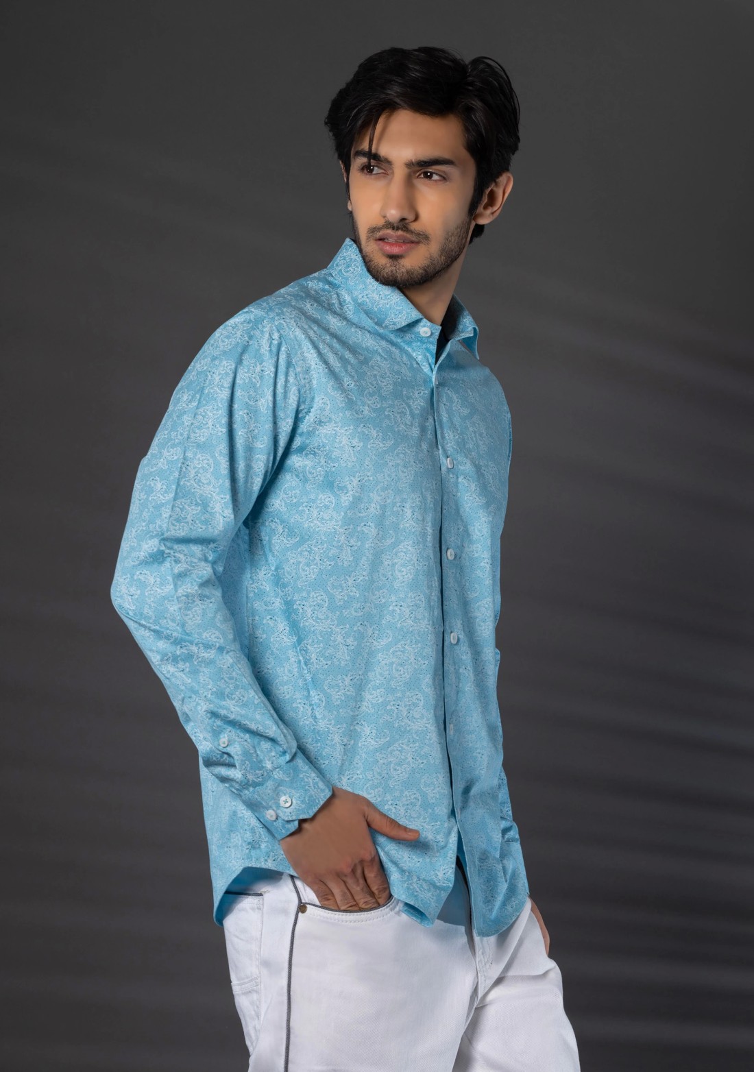 Turquoise Slim Fit Cotton Printed Men's Shirt