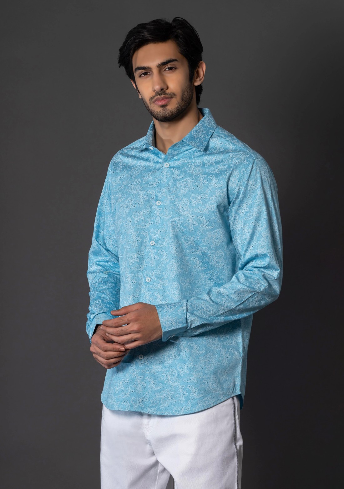 Turquoise Slim Fit Cotton Printed Men's Shirt