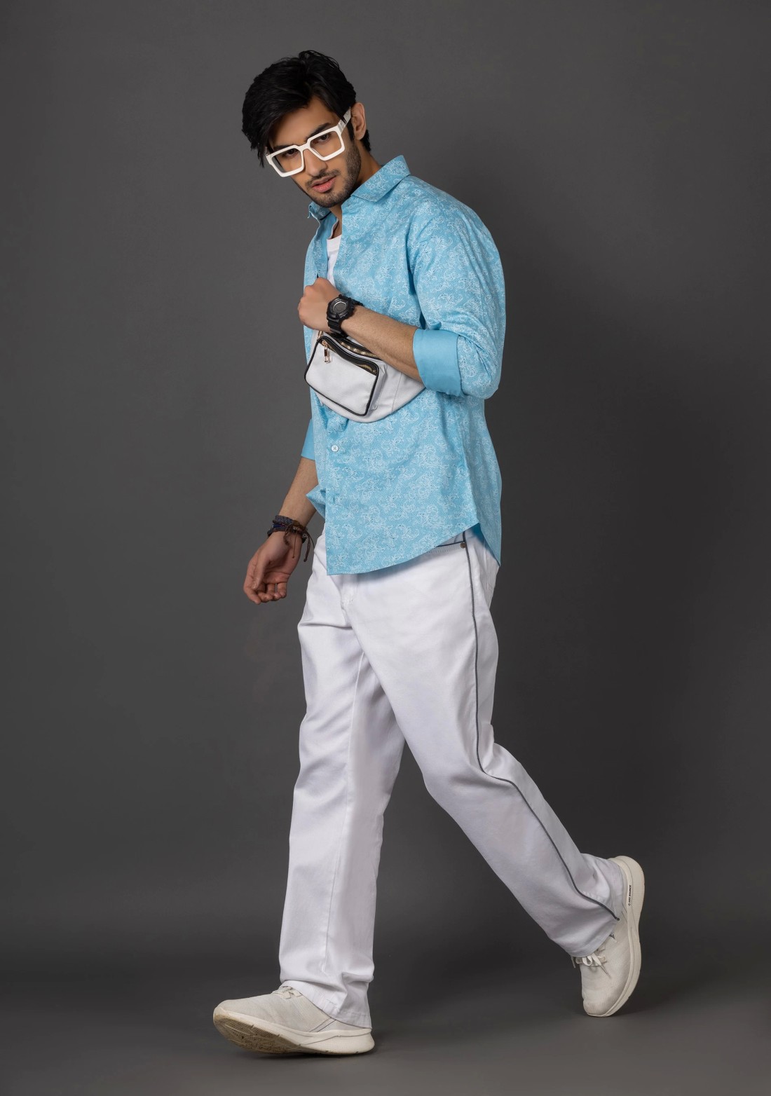 Turquoise Slim Fit Cotton Printed Men's Shirt