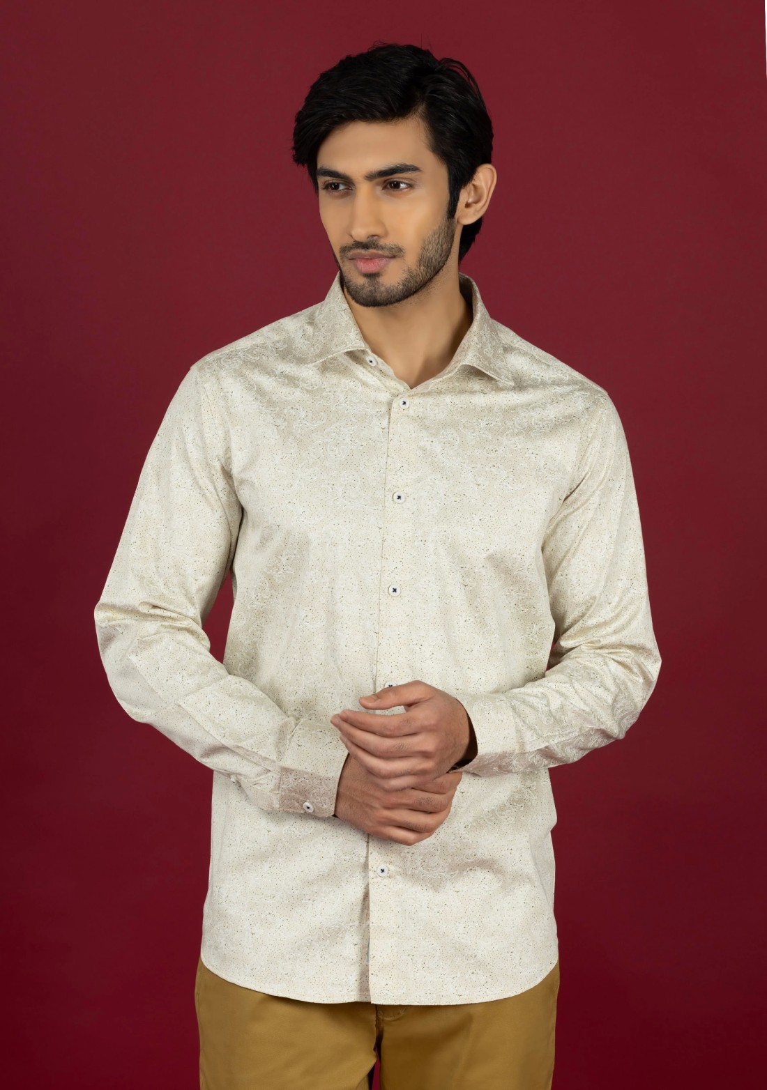 Beige Slim Fit Cotton Printed Men's Shirt