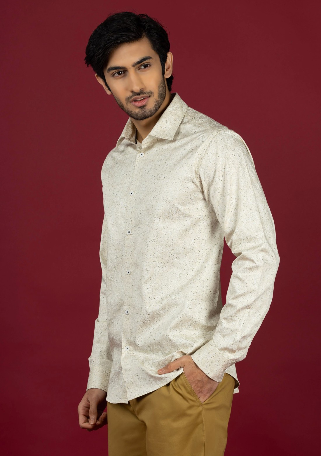 Beige Slim Fit Cotton Printed Men's Shirt