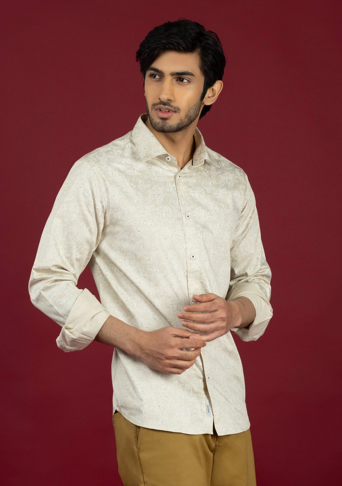 Beige Slim Fit Cotton Printed Men's Shirt