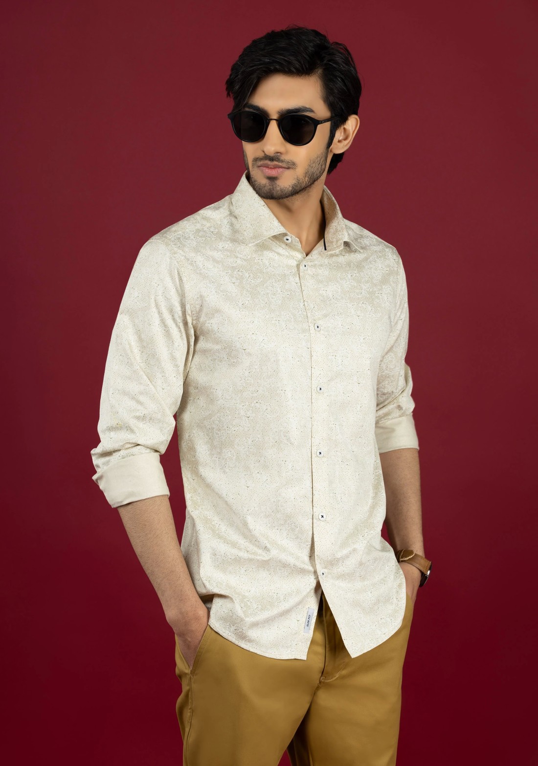 Beige Slim Fit Cotton Printed Men's Shirt