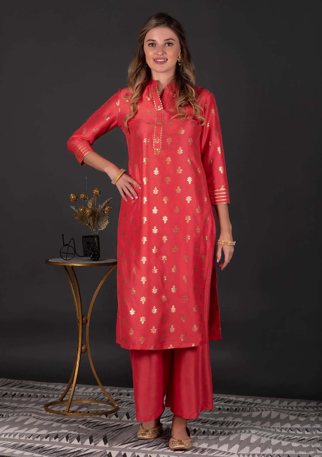 Coral Crepe Silk Foil Printed Straight Kurta