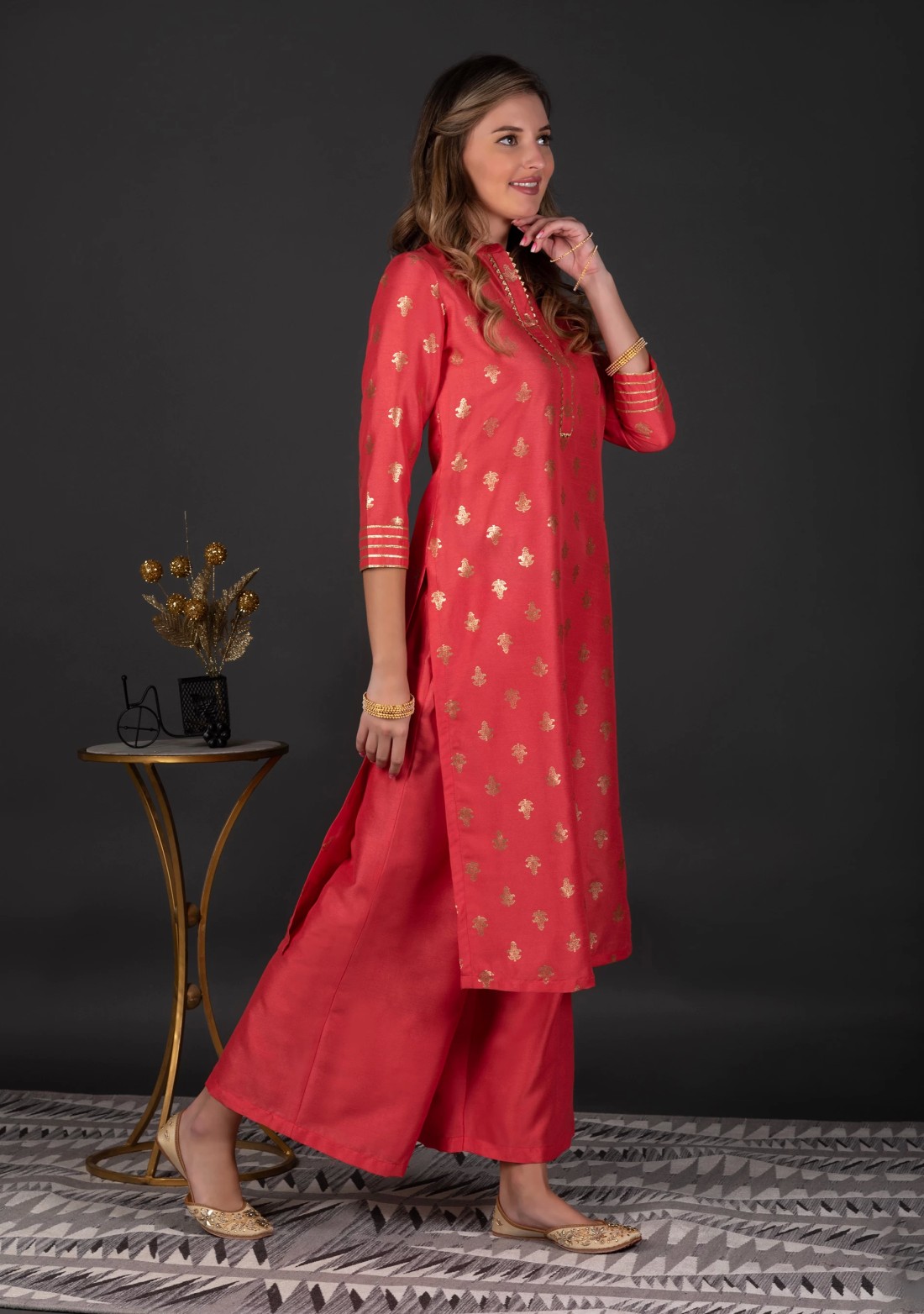 Coral Crepe Silk Foil Printed Straight Kurta