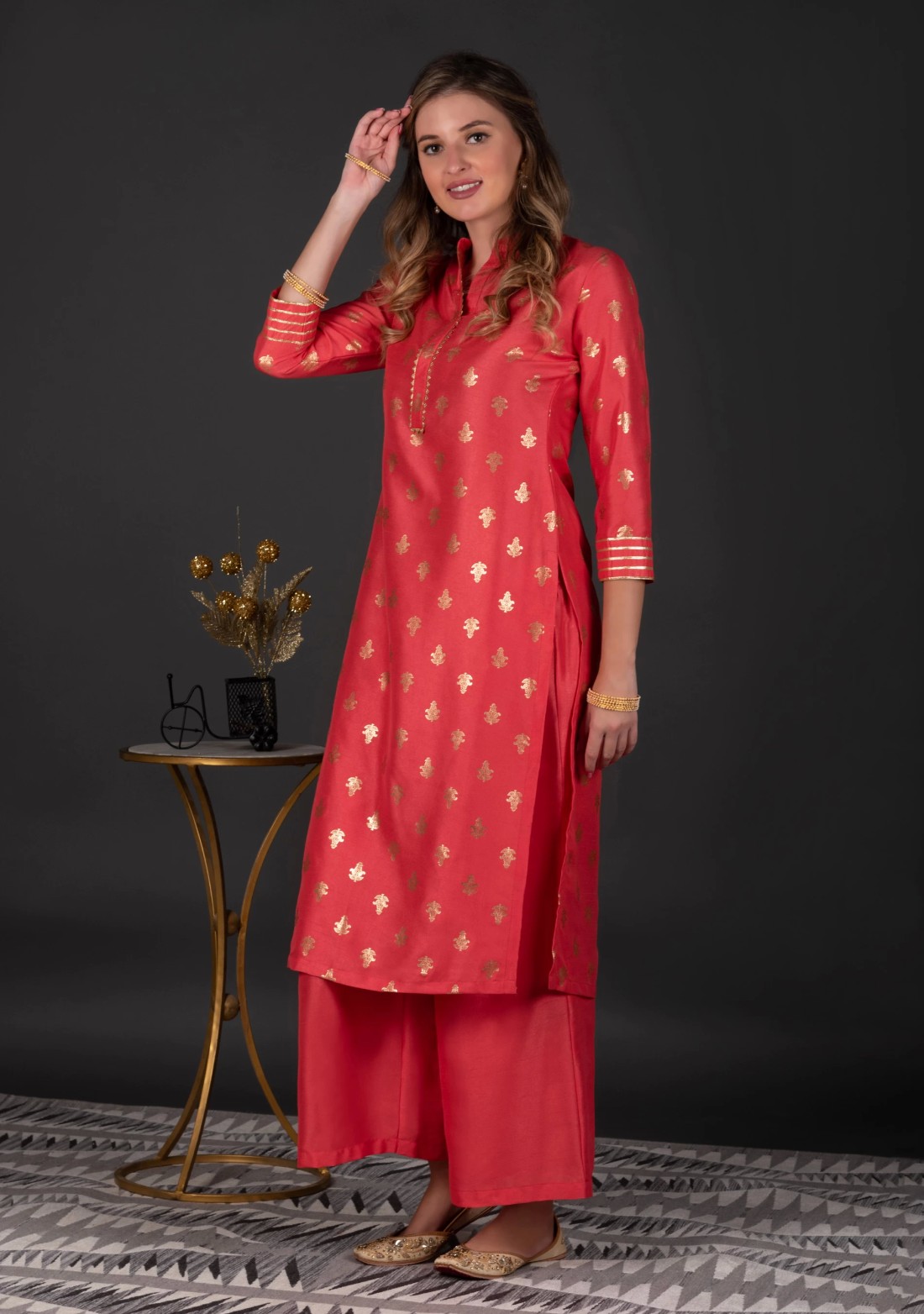 Coral Crepe Silk Foil Printed Straight Kurta