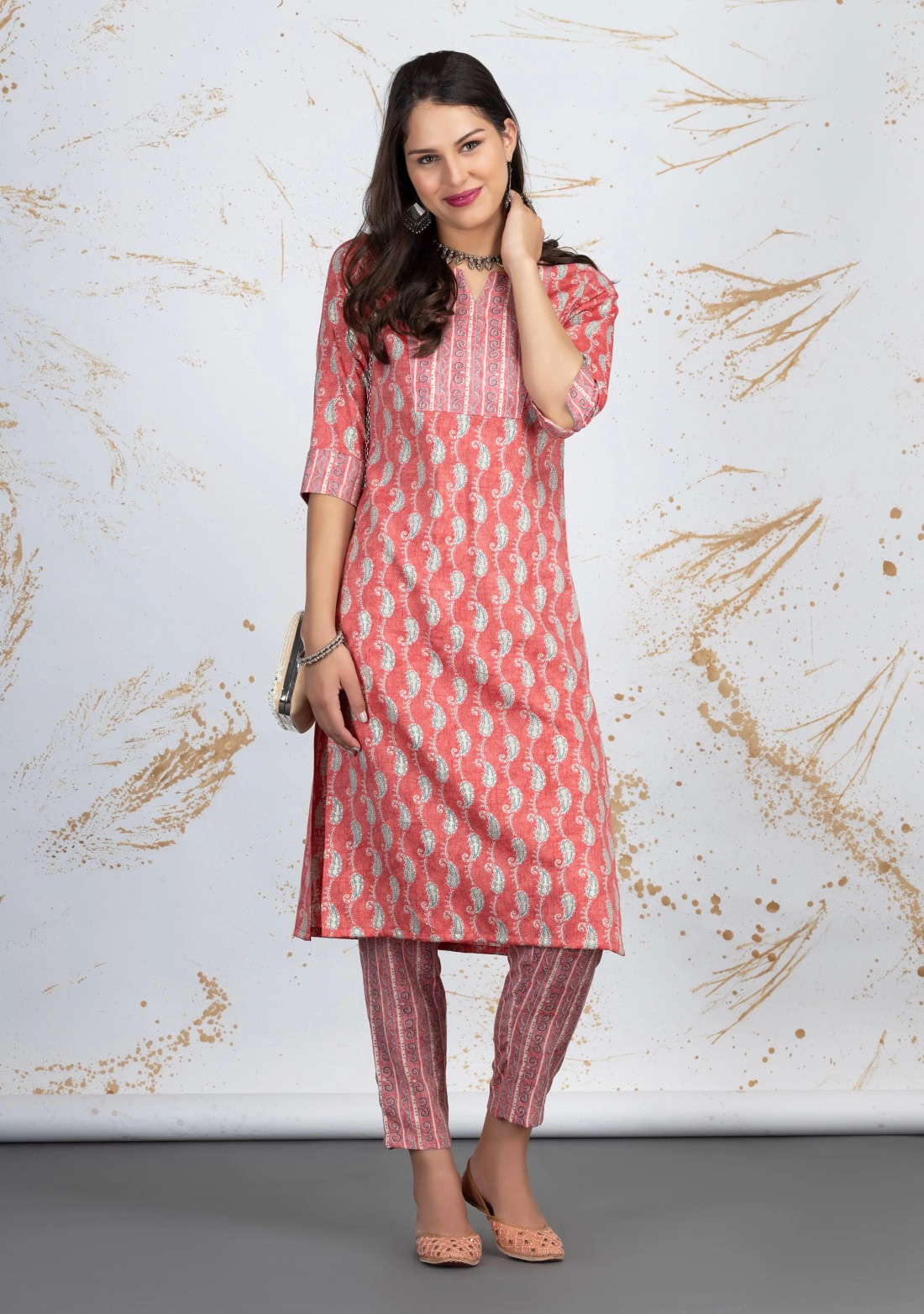 Coral Paisley Printed Straight Rayon Kurta Pants Set