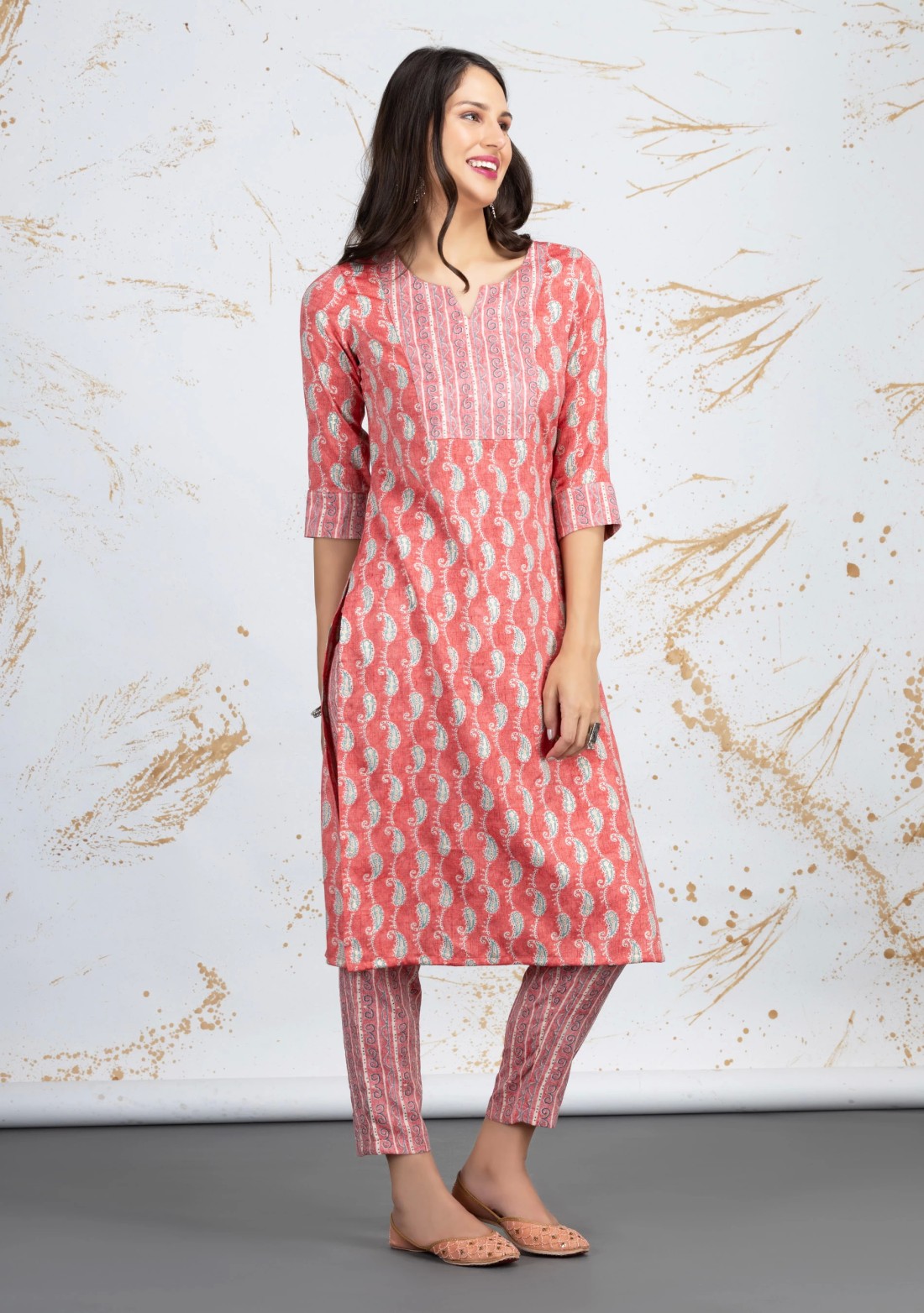 Coral Paisley Printed Straight Rayon Kurta Pants Set