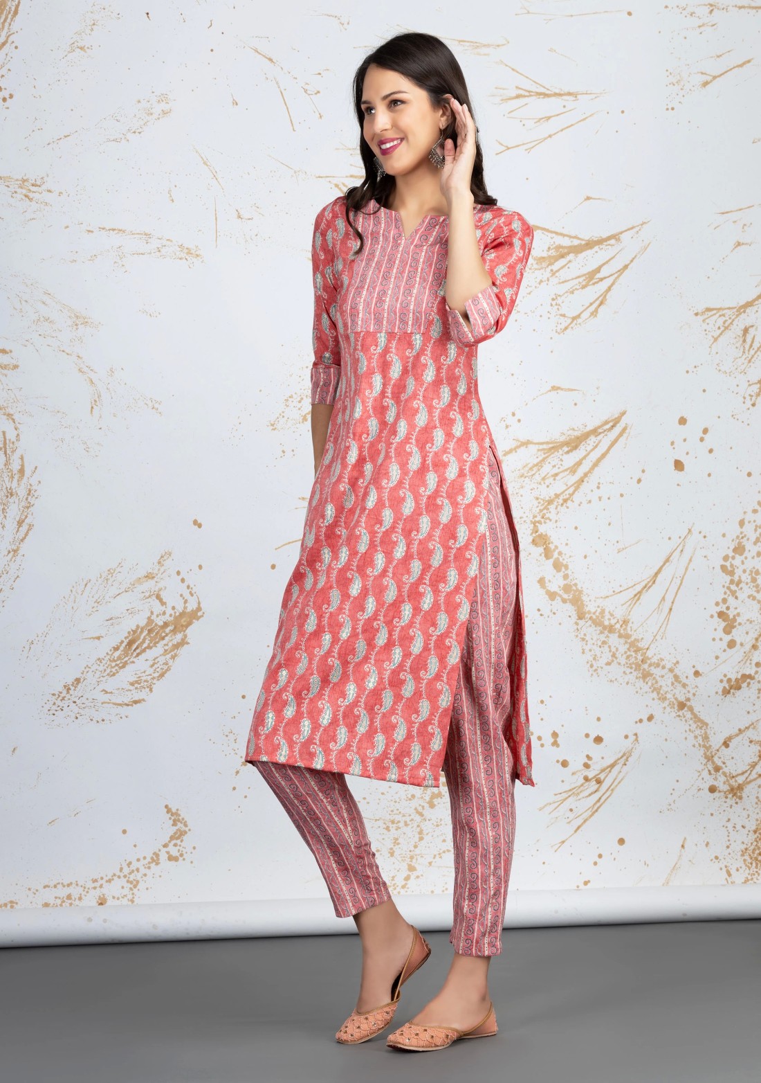 Coral Paisley Printed Straight Rayon Kurta Pants Set