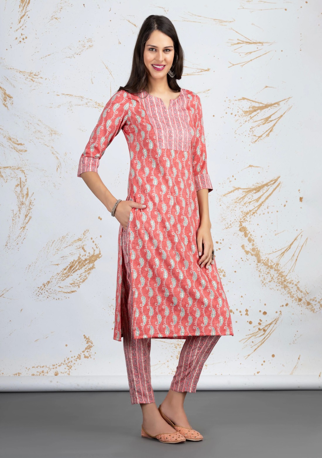 Coral Paisley Printed Straight Rayon Kurta Pants Set