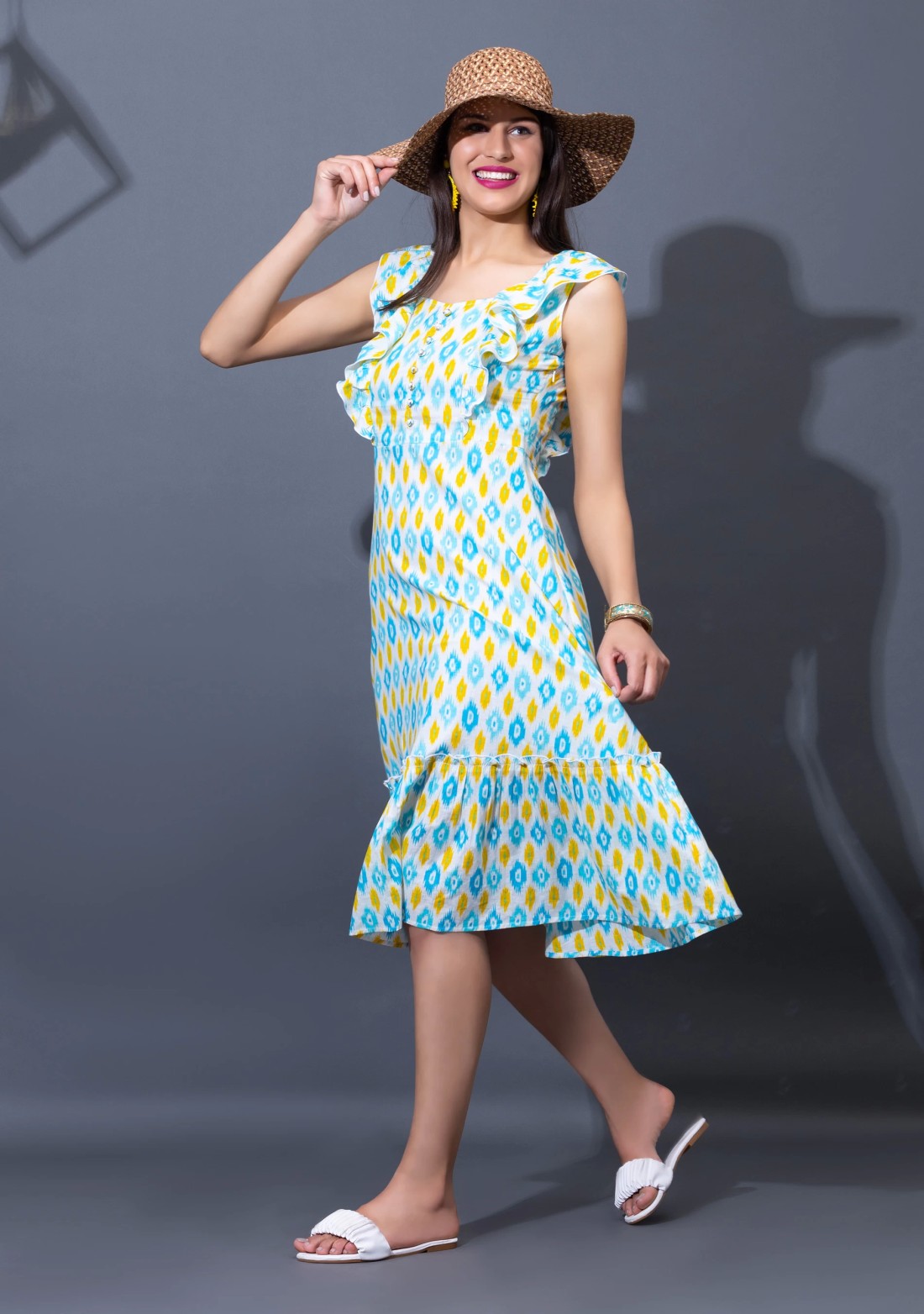 Multi-Colour Ikkat Motif Printed Fit & Flared Dress