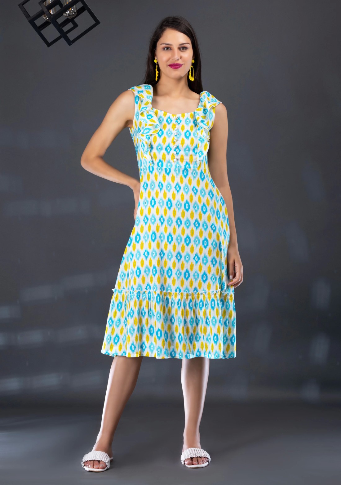 Multi-Colour Ikkat Motif Printed Fit & Flared Dress