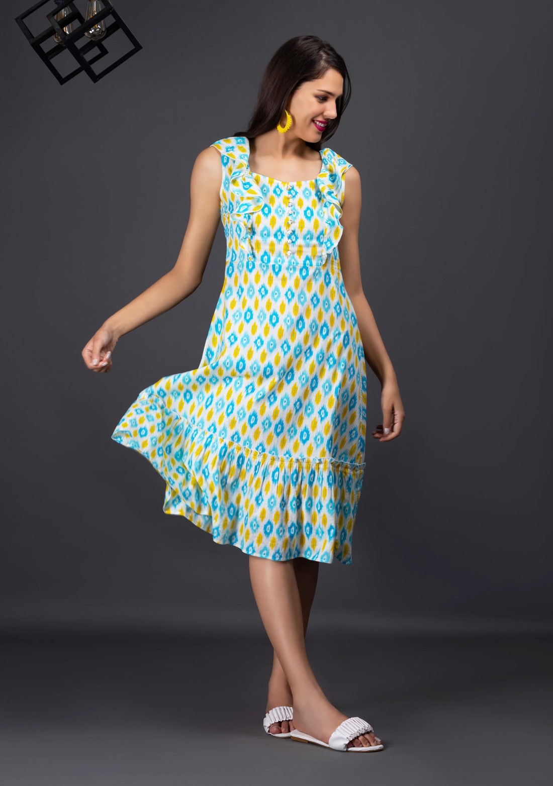 Multi-Colour Ikkat Motif Printed Fit & Flared Dress