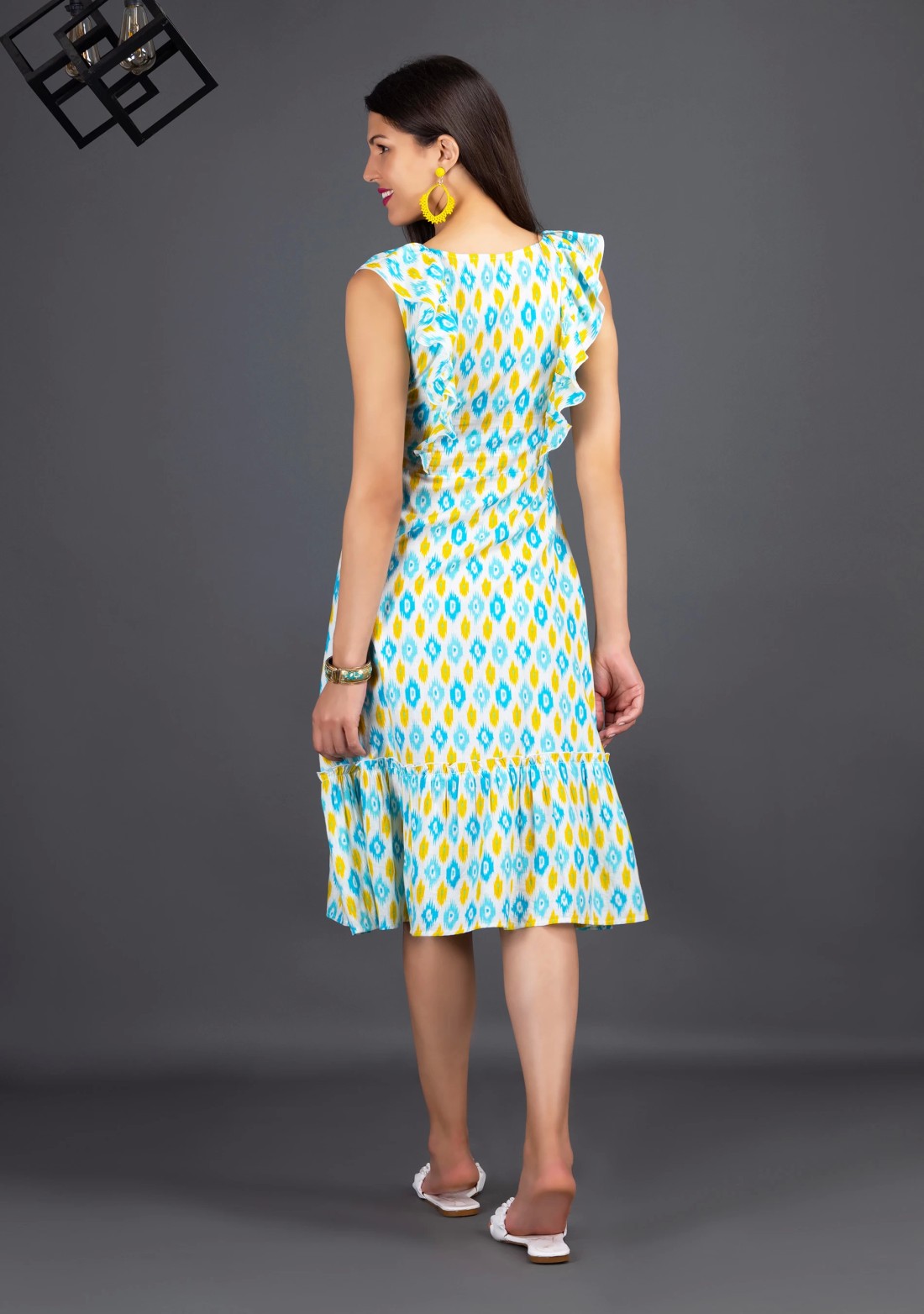 Multi-Colour Ikkat Motif Printed Fit & Flared Dress