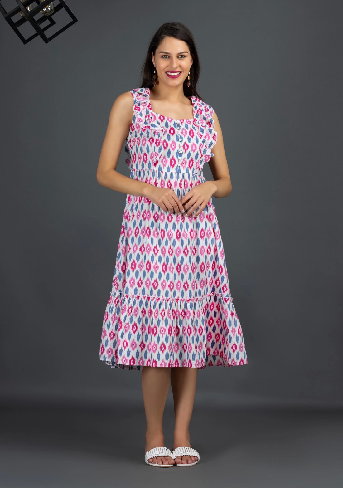 Multi-Colour Ikkat Motif Fit & Flared Printed Dress